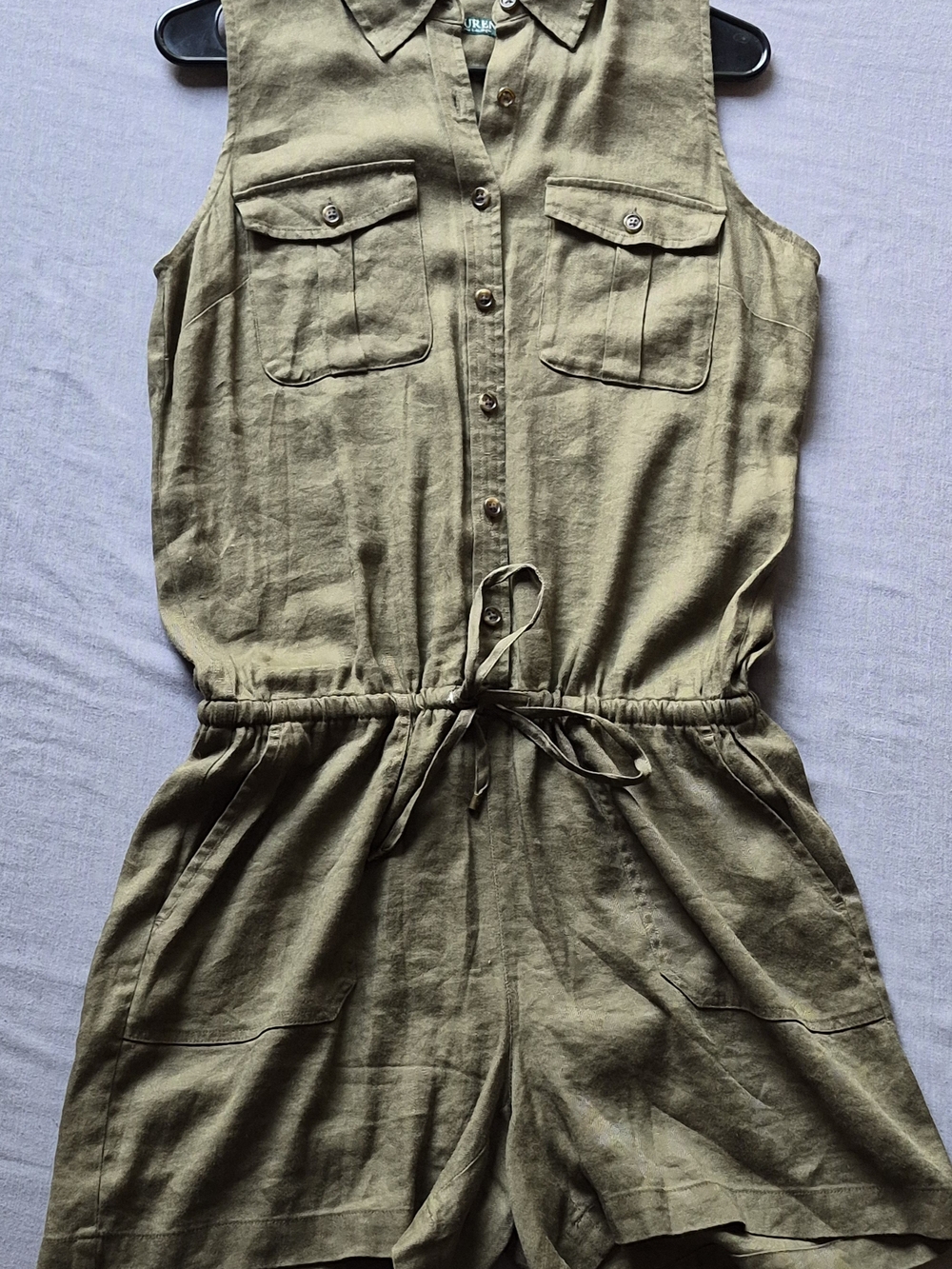 Ralph Lauren Sleeveless Olive Utility Romper with Drawstring Waist
